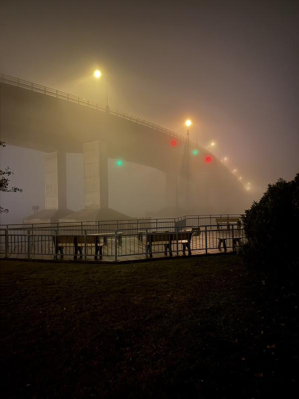 The Route 36 Bridge in Highlands, NJ, in the fog. A small park is in the foreground, underneath